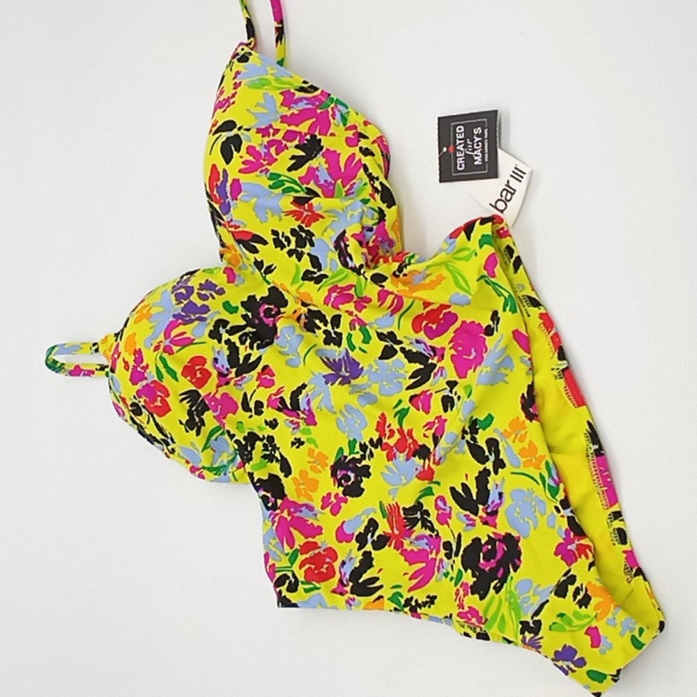 Bar III Floral Chic One-Piece Swimsuit Citron Yellow S